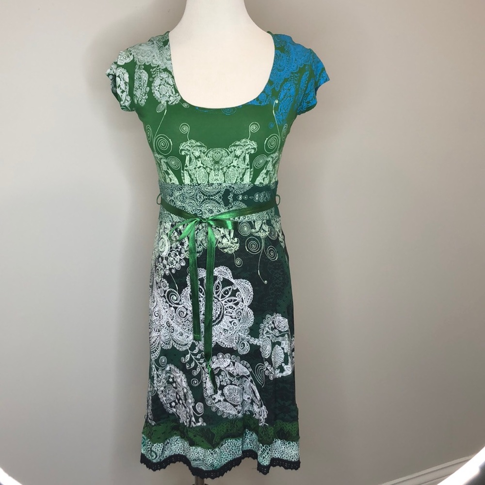 Desigual Printed scoopneck dress with ribbon belt